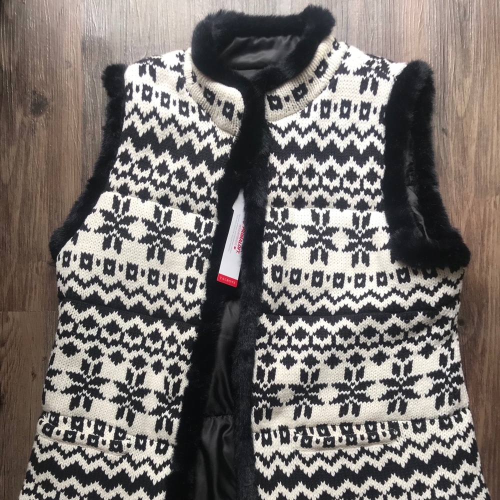Talbots Black and Cream Snowflake Knit Faux-Fur Trim Vest